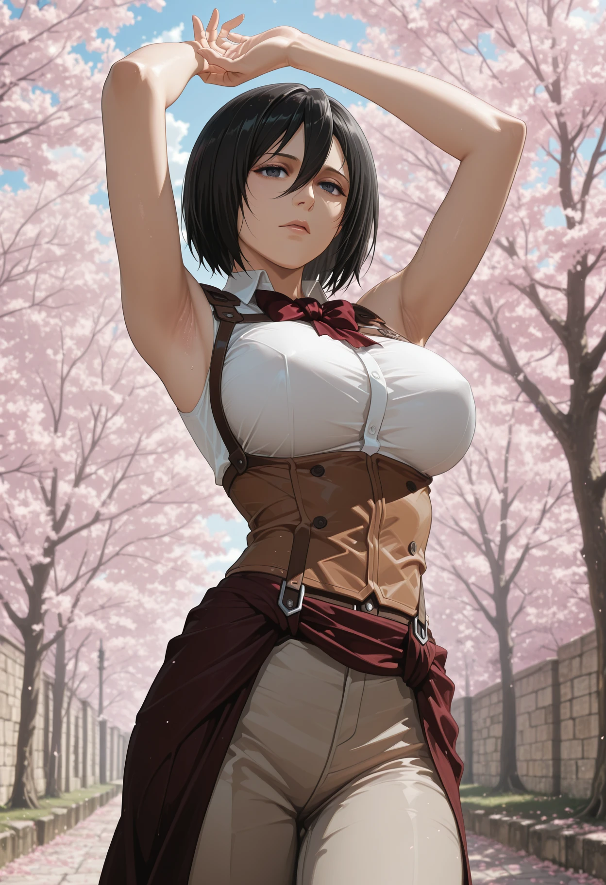 photo of mlp Meowko, RAW, beautiful woman, ((portrait)), ((detailed face:1.2)), ((anime, face, anime facial feature, clear skin, glossy lips, shiny luscious lips, clear skin), (short lesbian haircut, brunette: 1.55), (perfect proportioned body, Strong, muscular, narrow waist, narrow hips, skinny, large breasts, cleavage), (wearing revealing clothes, brown leather, cowl, cloak, corset, skirt, long boots, buckles, straps, pouches, fabric, brown leather), (high detailed park with cherry blossoms: 1.3), (realistic photo, best quality, detailed), (8k wallpaper), (cinematic lighting, beautiful light, (noon:1.25)) (sharp focus, intricate)