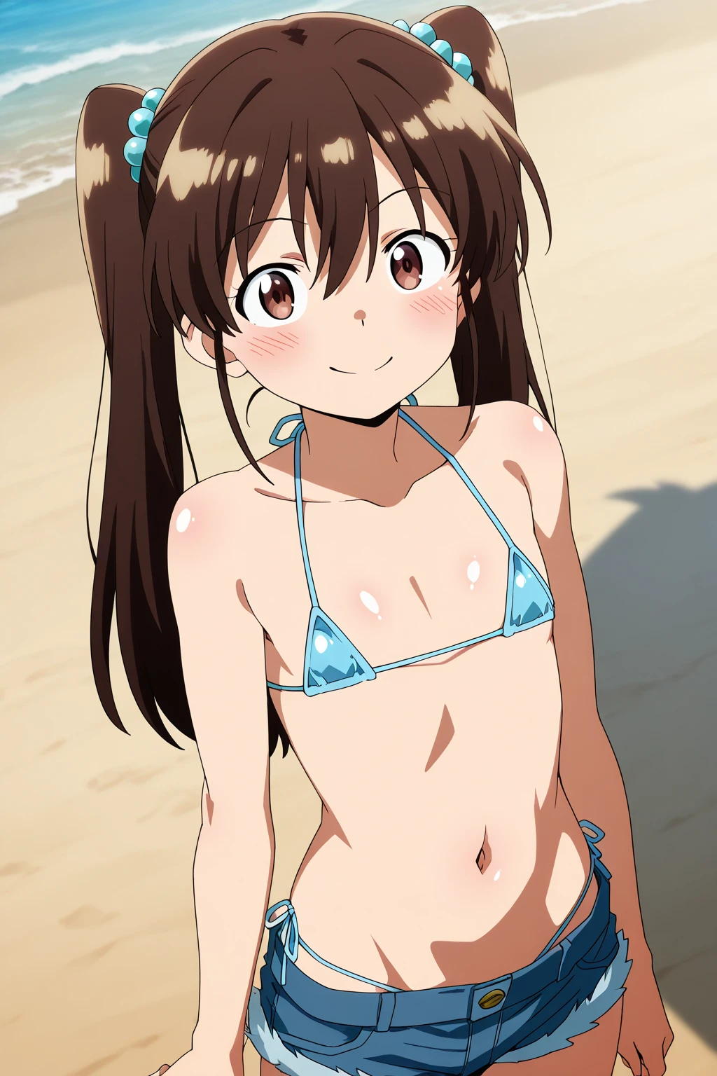 1girl, shirai kuroko, toaru majutsu no index ,micro bikini, purple bikini, one breast out, nsfw, anime, official art, beach, smile, nose blush, shy laugh,
