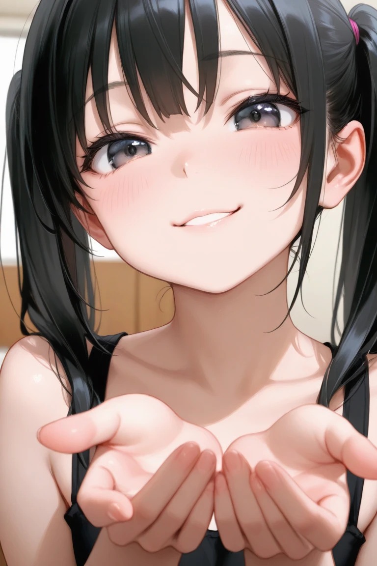 1girl, tiny girl, young girl, mesugaki, mesugaki smile, tidy, yoing lady, long hair, Black hair, short cut, white Camisole, long frilled SKIRT, huge nipples, small breasts, big ass, thick thighs, Teasing, naughty looks, heart eyes, Lower arm, Focus on the girl, glossly skin, oily skin, Gravure, pinup, junior idols, image video, fellatio gestures, tongue sticking out, Drooling, Close up of face, bust up, Masterpiece:2, Top Quality, high Quality, Very Detailed, ultra High Resolution, super High Resolution, Beautiful Detail, Dynamic angles, perfect lighting, 8k, Animation Style, cartoon style, game cg,