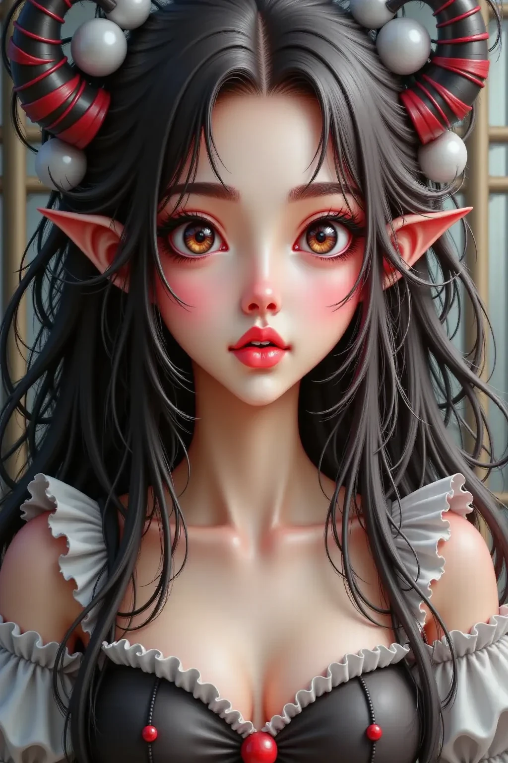 PastelGothAI, elf, pointy ears, black hair with red strands, nude, massive dripping creampie, huge breasts leaking milk