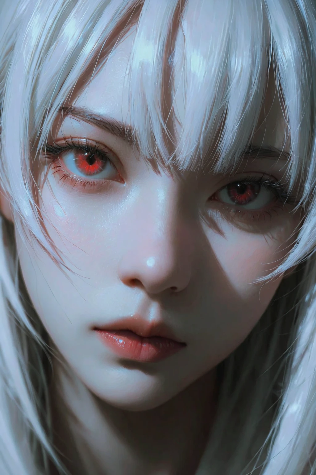 a girl with a pink complexion, beautiful detailed red eyes, deep as the night sky, half sad expression, white hair, looking at viewer, anime, semi-realistic, highres, best quality, 8k, masterpiece, ultra-detailed, photorealistic, vivid colors, dramatic lighting, all prompt in background