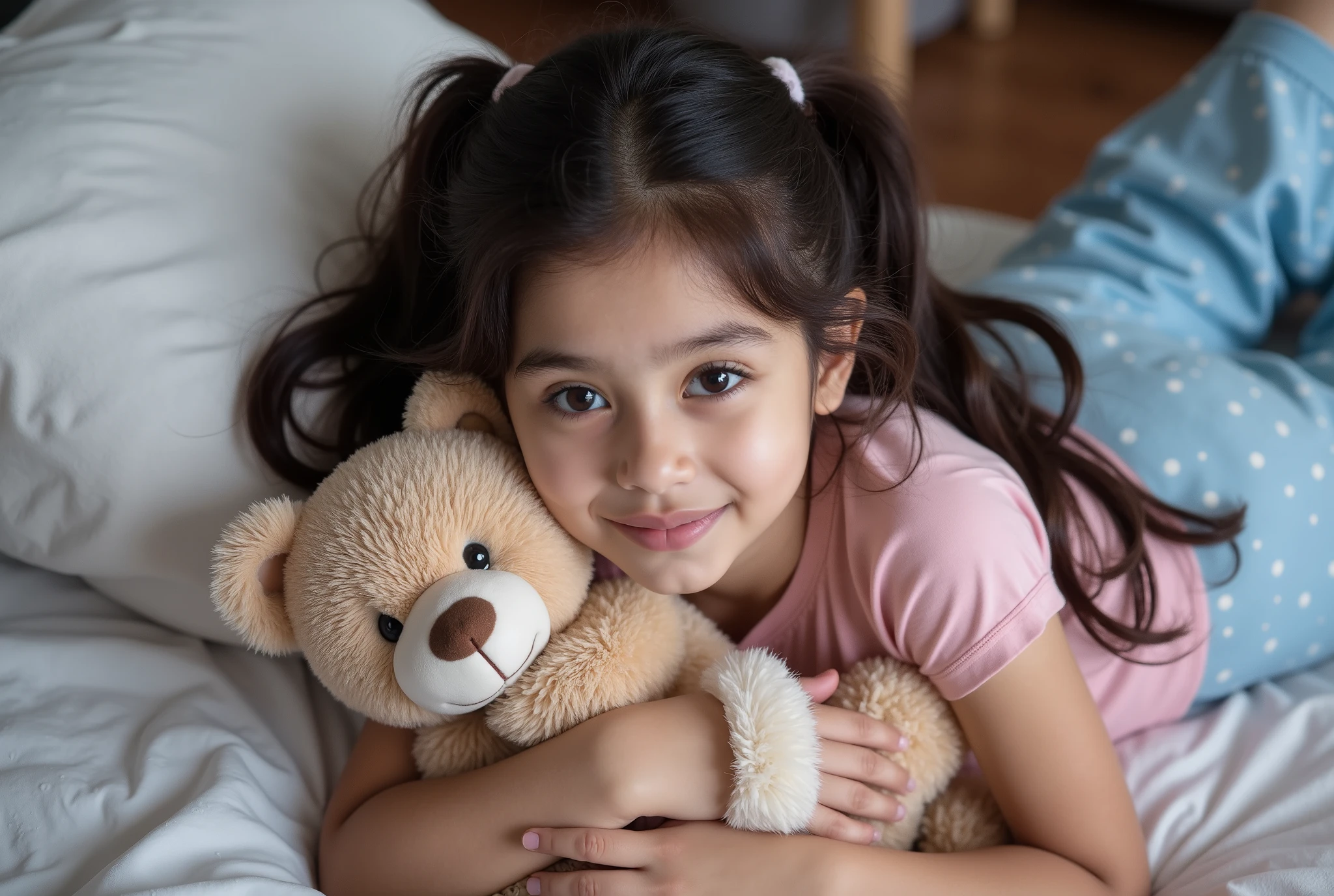 anaswarasdxl, cuteloli, Top view photo of a young girl holding a teddy bear while lying down on stomach, sleeping in her bedroom. She has light-tone makeup, Indian skin tone, matte lips. Her hairs are long, brown, wavy and messy. She is wearing a pink t-shirt, blue dotted pajama and furry wrist-band. Photorealistic, ultra realistic, detailed skin, soft lighting, ultra-detailed textures, 8K resolution, masterpiece.