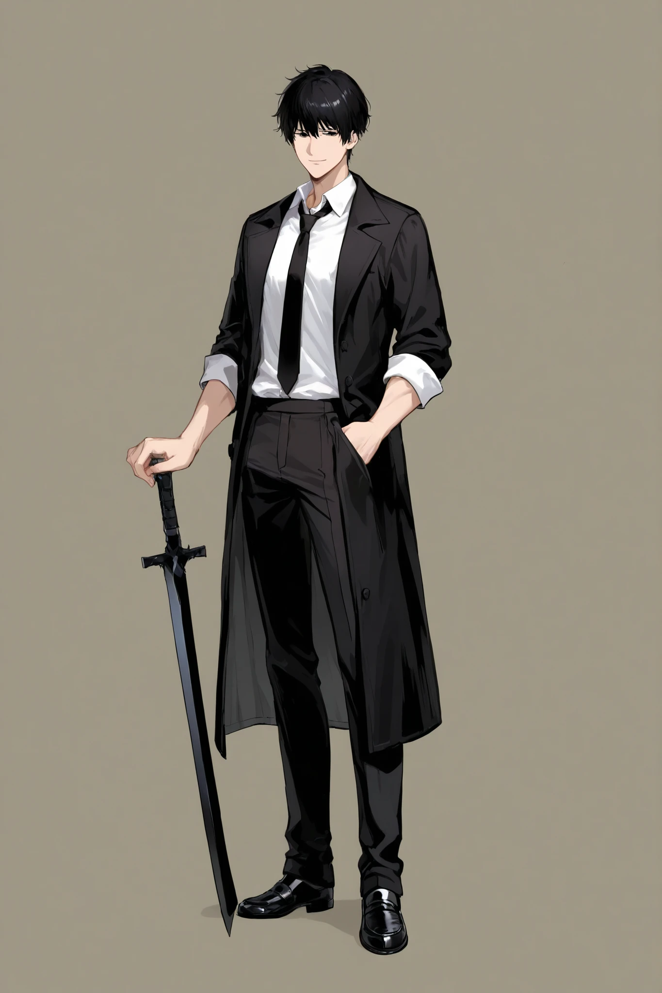 1 Man, handsome, front, full body, standing, black hair, black eyes, faint smile, wearing a dress shirt (with sleeves rolled up), black tie, black coat (open in front), black pants, black loafers, left hand in coat pocket, right hand holding black sword, No background