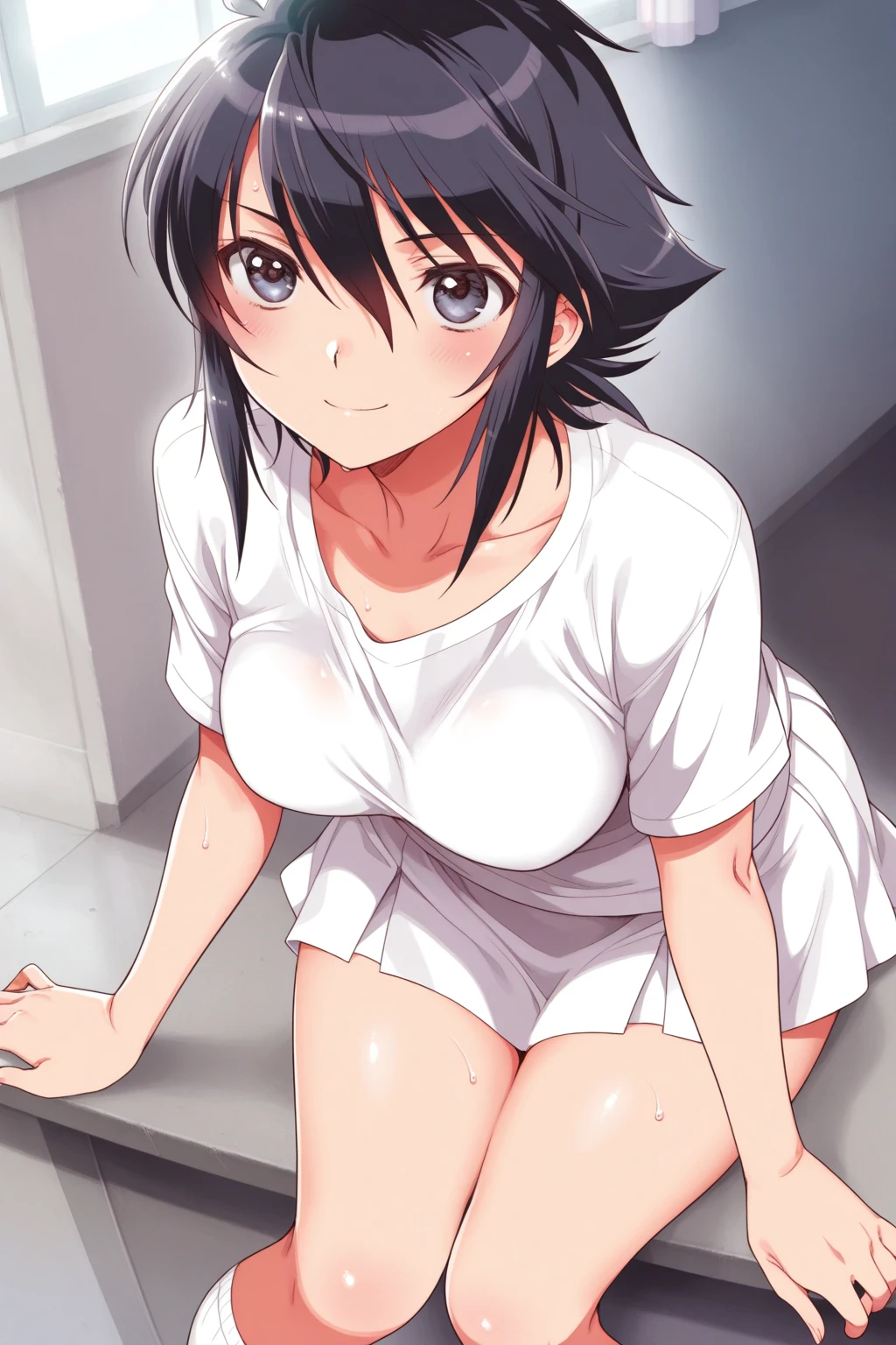 [anime styled],[official art],Tomomi_saikyou,black hair,Short hair,Hair Ribbon,NSFW,1girl in,(Portrait),pussy focus,short torso,Perfect Lighting,nude,topless,(nipples),,anime screen cap,Flat color,cel shading,(smile),blush,(underwear:1.2), (strong light)、((brighten the subject)),oily skin,curby:1.2,((lite pink panties)),((sitting on the bed,reclining)),spread legs   break background bedroom,