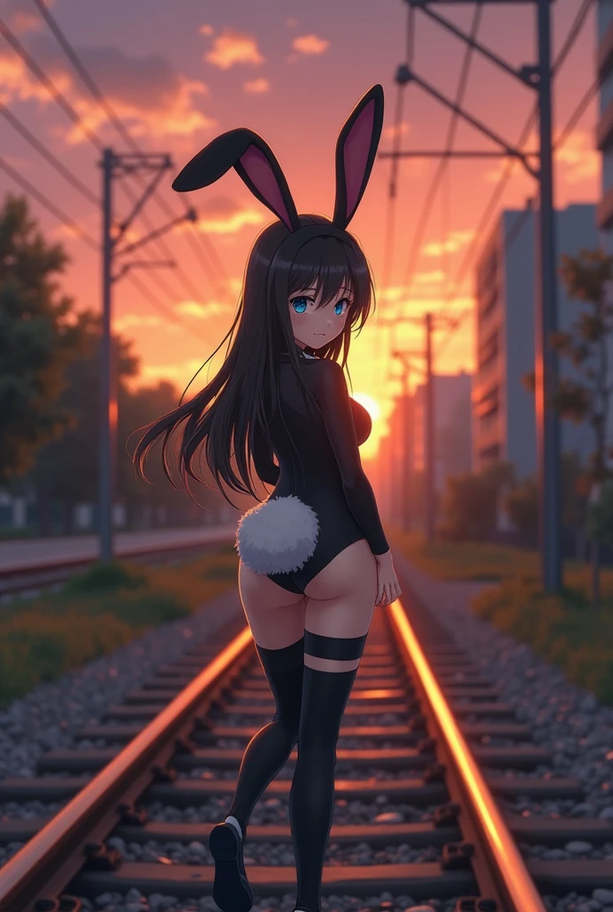 Early morning, city buildings background, sunglasses, red school swimsuit, thick eyebrows, leather backpack, bazooka protruding from the backpack, carrying heavy weapons, (dark skin: 1.3), black gloves, brown skin, movie lighting, small, beautiful light pink hair, rabbit ears, (masterpiece), ((highest quality)), (super detailed), glossy skin, full body anime girl, solo, clean and detailed anime face, High resolution anime eyes, five fingers, textile shading, perfect human structure, perfect anatomy,