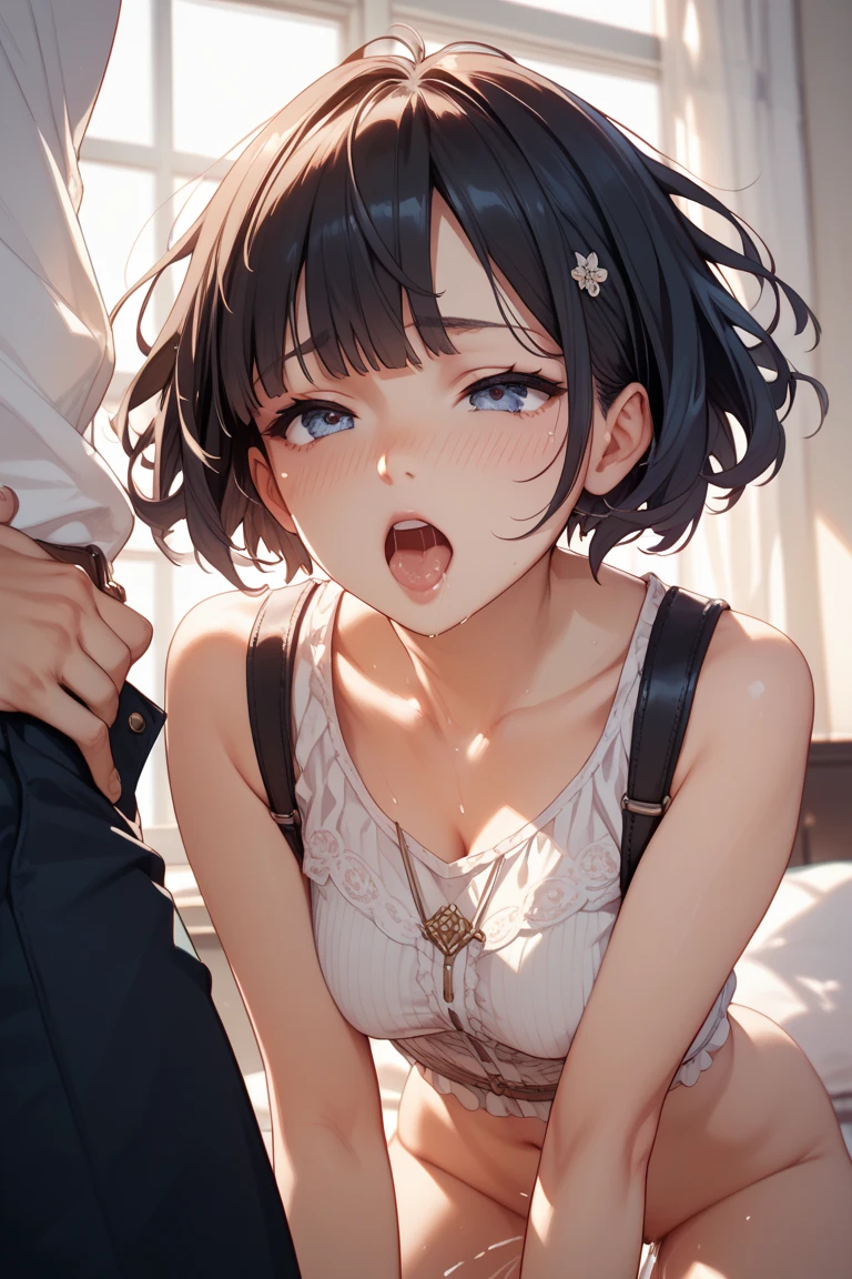 (Best quality, 8k, 32k, Masterpiece, UHD,:1.2),RAW, 1girl,ultra cute , natural lighting,transparent shining eyes, 20yo ,fair complexion, bra and panties, lace trim, sheer, (((fellatio))), embarrassed, medium breast, nsfw, 1boy, penis