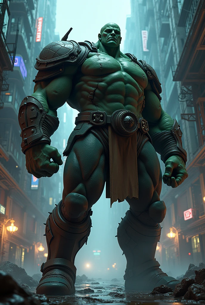 A big giga muscular men cyborg with scars on all body, red eyes, very white skin