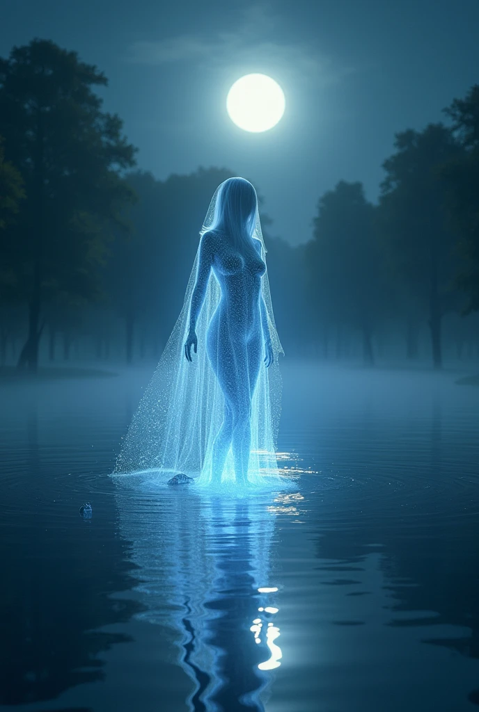 a ghost woman translucent as glass, (she is a transparent spirit:2.0), she has sexy attractive and athletic body, walking on the waters of a lake at night, ghostly, gothic, I can see through her body, She is completely naked, she has super long straight black hair, your hair covers your chest, her hair falls down her shoulders and covers her breasts, skeletal and thin body, she looks at me coldly with a sad look, nsfw, MACABRO, ficcional, fairy tale, surreal, there is an abandoned wooden cabin