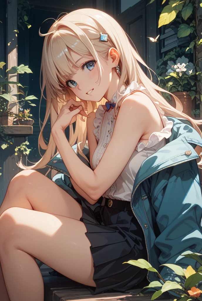(highres,masterpiece:1.2),detailed,1_girl waifu,,wearing offtheshoulder shirt,mini shorts,portraits,anime style,vibrant colors,pastel color palette,warm lighting,blurred background,greenery in the background,breezy atmosphere,relaxed expression,bright eyes,happy smile,flowing hair,soft sunlight filtering through the leaves, back view
