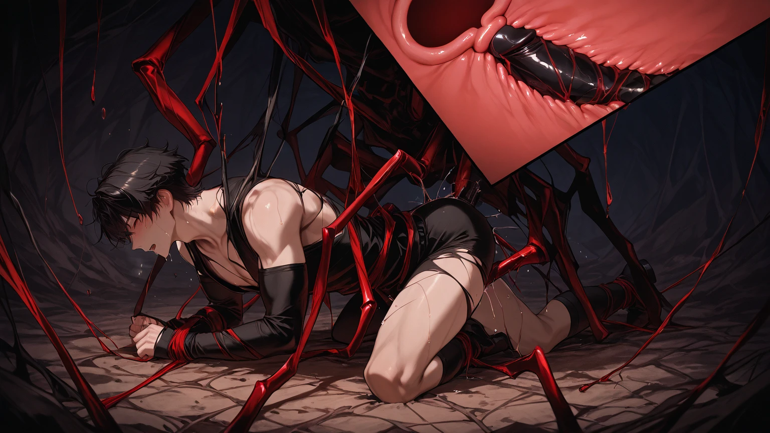 The subject of the image is a man with short black hair and red eyes. While being raped by the machine, the man's mouth and anus are violated by tentacles made from the machine, and his body floats in the air. Mechanical Rape, Man, the focus is a naked man tied to several thick wire cords and suspended in the air. Dim lighting, mechanical tentacles running around, raping the man as if he were a living thing. Deep throat, penis, semen flowing from anus, anal, man getting fucked. Torn clothes, dripping mucus, and a thick mechanical cord in his mouth. A man is anally raped by a thick mechanical tentacle.