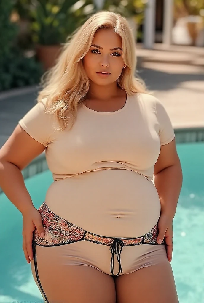 Foto hiperrealista en primer plano de Emily Sears , masterpiece, best quality, (photorealistic:1.4), full body, (gloss orange luxury crop top:1.2) and (blue shorts:1.2), sandals, on the front porch of beach house, summer day, cinematic light, beautiful woman, skinny, large big breasts, straight blond hair, detailed face, smile, facing the camera, photo taken from a distance, age of 20 years old, full person, curvy body, plump body, huge big ass, thick body, curvy body type, voluptuous body type, busty body type, thick body type, big chest, big