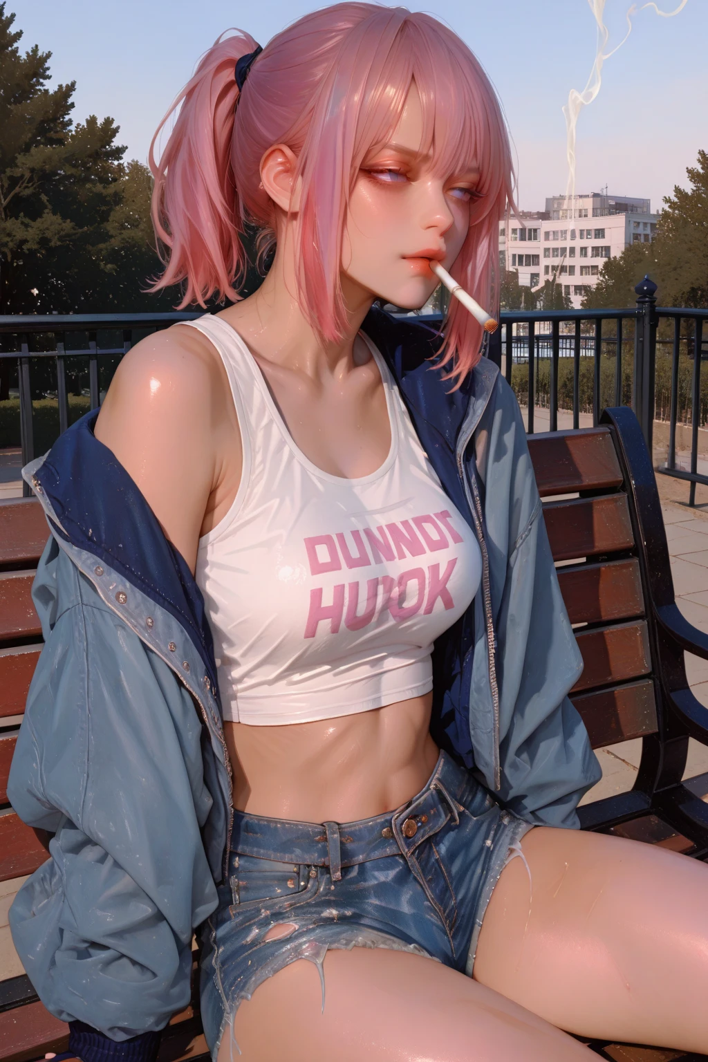(best quality, 8k, photorealistic:1.5), (solo, one girl:1.5),(shine a bright light on women),(ultimate beautiful girl),(shiny skin),(oily skin),(pink hair:1.5),(short hairstyle:1.3),(cool beauty),Blush brown makeup , dark eye makeup , use pink glossy lipstick,(big beady eyes girl:1.5),(droopy eyes girl:1.5),(blue eyes:1.5),(thin girl:1.5),(baby face girl:1.5),(sex appeal),(sweet smelling girl),(she works for low wages),(kind-hearted woman),(she has a nice smile),(woman with a happy look),(she is very sociable),(from a very poor family),(virgin girl),(She is a secret pervert.),(she covertly lewd),(she looks so erotic),chuuChloe,(woman with very soft breasts),(woman fantasizing about sex),(allurement),(impressive eyes:1.5),(clean girl),(affability),(cute smile),(good personality),(serious personality),(wants sex),(want to masturbate),(want to have sex forcibly),(relaxing time),(hair ornaments),(compassion),(impurity),(love filled),(get horny),(No love experience),(private room),(teenager),(childish smile),(art t-shirt:1.5)