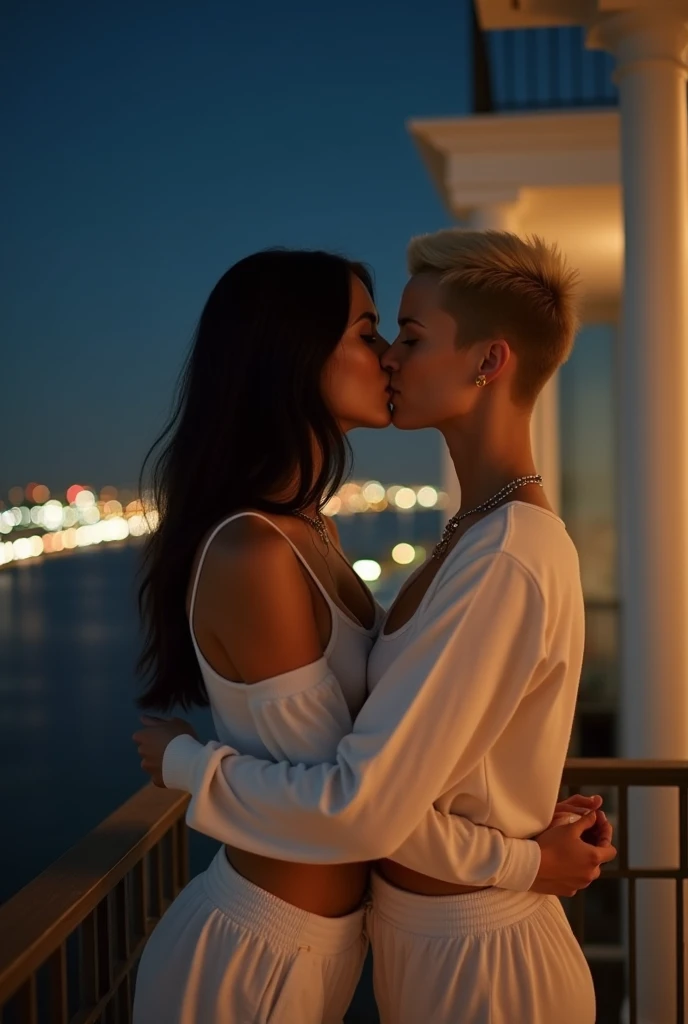 Romantic scene of couple kissing on the mouth, no elevador, leaning against a tree, um homem ((30 anos,pele caramelo, com cavanhaque, buzz cut)) E mulher ((americana, 25 anos, pale skin and freckles, olhos cinzas, nariz delicado, soft and delicate lips, cabelo blondie cinza longo e ondulado)), ultrarrealista HD altamente renderizado fotorrealista, luz natural do dia, Fuji Camera