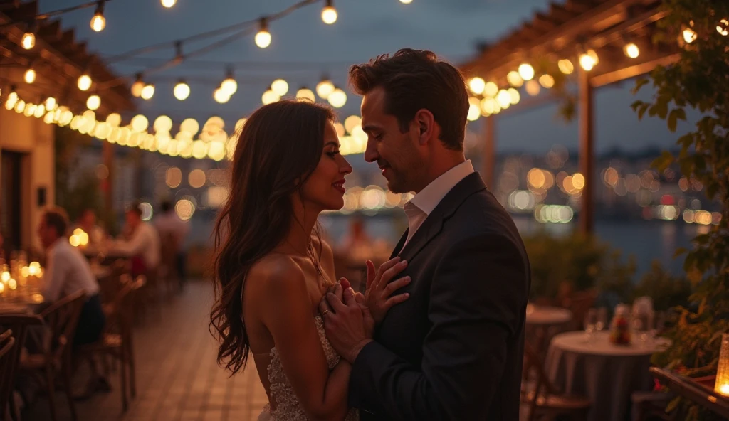 a couple in love, 1 man, 1 woman, romantic date, holding hands, smiling, intimate, passionate, cinematic lighting, warm colors, photorealistic, high quality, detailed, dramatic, realistic, depth of field, masterpiece, intricate details, natural skin tones, beautiful, stylish, fashionable, elegant, atmospheric, chiaroscuro lighting, cinematic composition, golden hour lighting, stunning background, romantic atmosphere