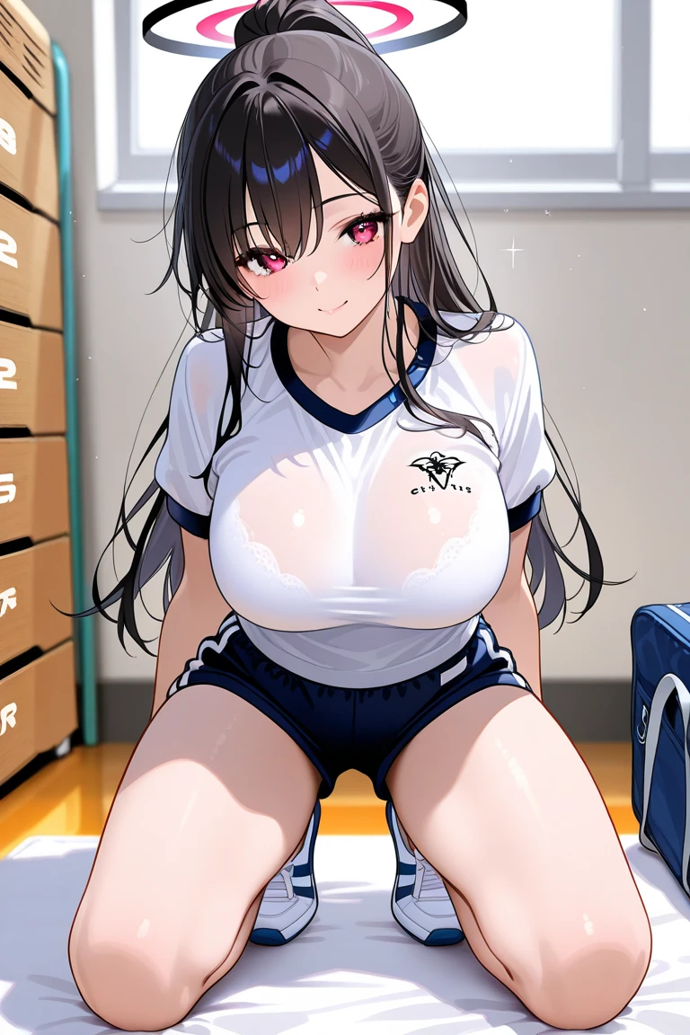 nsfw, ((breasts showing)), (8K, high resolution),((1girl in)), ((Best Quality)), (Ultra-detailed), (extremely detailed CG unified 8k wallpaper), Highly detailed, High-definition raw color photos, Professional Photography, masterpiece,highres,high quality, MicchonShikimori,1girl, solo,sweat,sweatdrop,wet,tsurime,looking away,long hair,high ponytail,blush,hair ribbon,gym uniform,t-shirt,short sleeves,parody,upper body,indoors,v-shaped eyebrows,:o,parted lips,,arms up,raise bangs,hands on own head,hands in hair,forehead,collarbone, style parody,meme,official style,wooden floor,anime coloring,blurry,blurry background, sleevesless, armpits, full body, bottom less, spread legs, pussy, panties aside, girl on top sex, 1 boy, shirt lift, bare shoulders, crop top, vaginal, wet pussy, uncensored, orgasme