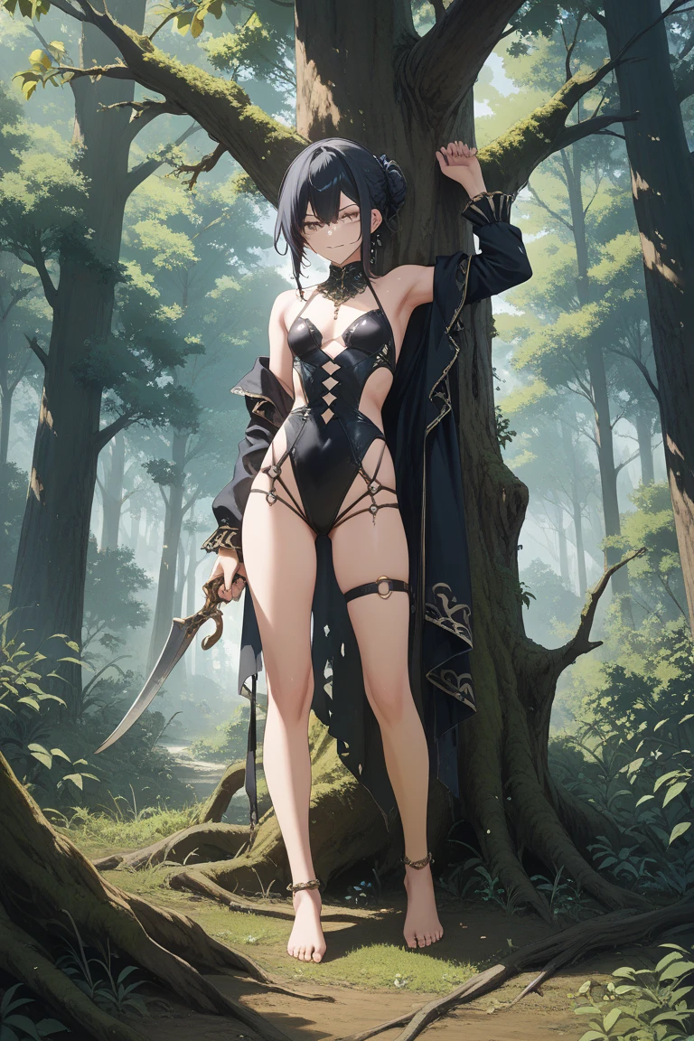 Fantasy, 1 tiny_ Girl, (Loli)++, 10yo, slender_child, cat_ears, Cape,Outdoor,bikini, Shy, (bare_groin,bare_waist)++, hold_huge_sword_hilt, Solo, Thighs, covered_,apart_legs, smile, happy, black_hair, navel_naked, slender_legs,tiny_slender_thighs,
