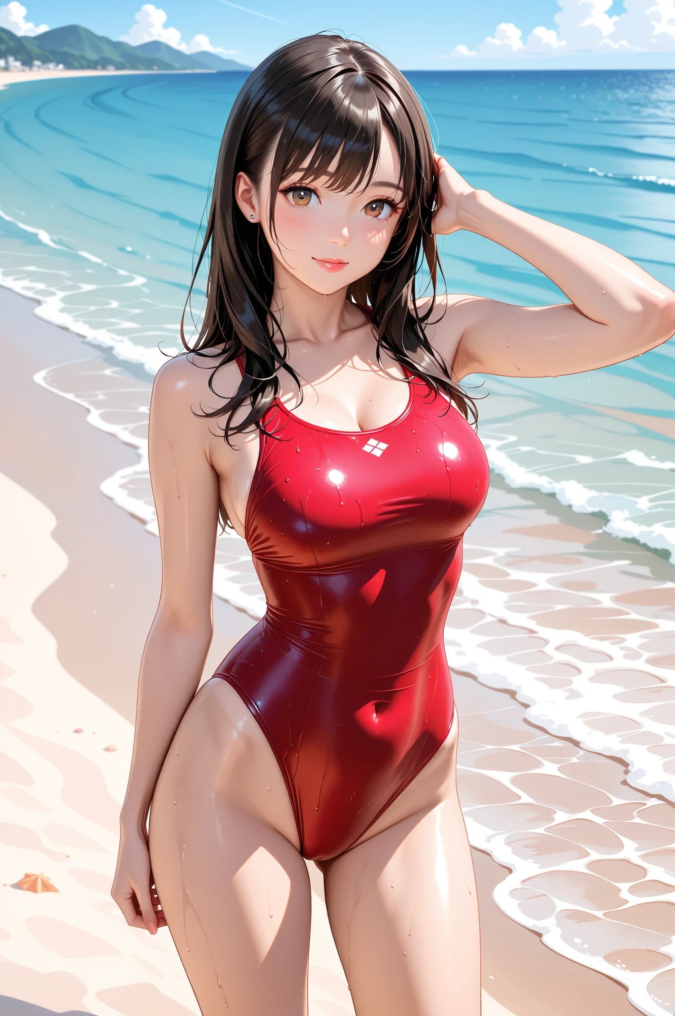 score_9, score_8_superior, score_7_superior, High-resolution CG illustration,A masterpiece in 32K resolution,Highest quality,it is really amazing,Very detailed,Ultra-high resolution,Ultra-realistic,Realistic,Increased depth of field,Cinematic lighting,
Sexy mature Japan woman,
Long black hair with no bangs,Ultra-detailed and beautiful face,Calm and gentle look,Beautiful brown eyes,Translucent white skin,Realistic skin texture,Great proportions,
Elegant red swimsuit,
Simple design,Chic color scheme based on red,Detailed fabric texture,
(Dark overcast sky on a dull night:1.1),(Dark clouds filling the sky:1.1),Thundercloud,Coastline at night,Stormy seas,delay々A desolate sandy beach that continues,
Kneeling on the sand,High angle,
