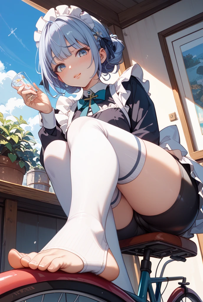 Beautiful illustration、top-quality、cute petit girl、(transform sequence)、Beautiful blue Japanese-style maid uniform、((white  leotard))、10yaers old、elementary student、Slender beautiful girl、Fractal Art、baby-face、Silver Straight Long Hair、beautiful detailed blue eyes、kindly smile、Full Body Display、Western-style garden、（1 persons）、long-sleeve、Bright, beautiful sunny garden、（knee high socks）、is standing、（highleg）、You can see the chest