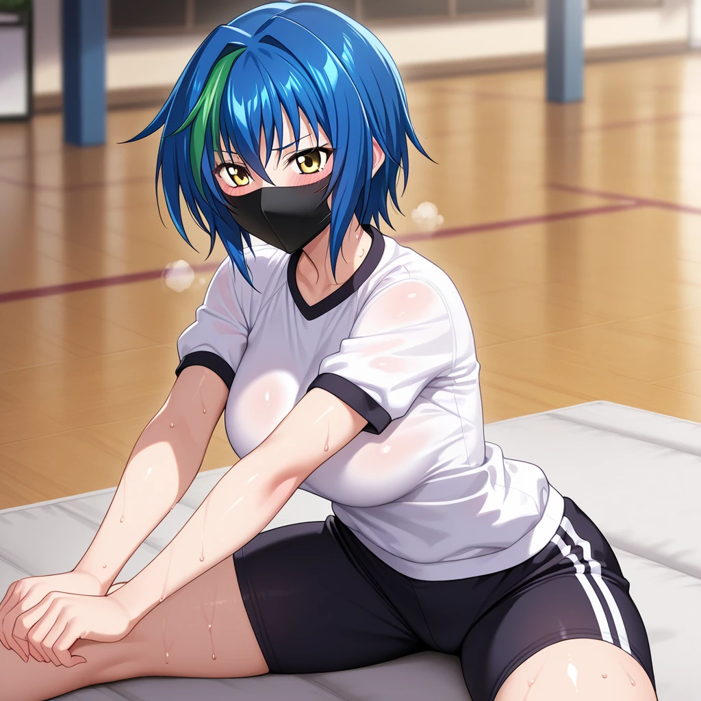 (Masterpiece, highest quality), 1 girl, face up, (from the front: 1.2), (on all fours: 1.2), (top down: 1.2), break girl, casual, gym clothes, jersey worn, school gym room, (bra :1.2), breast gap, medium breasts, saggy breasts, down blouse, visible nipples, no bra, bending forward, blue hair, medium breasts (C cup) - light blue eyes, 8K, highest quality, masterpiece, ultra-definition, plump lips...