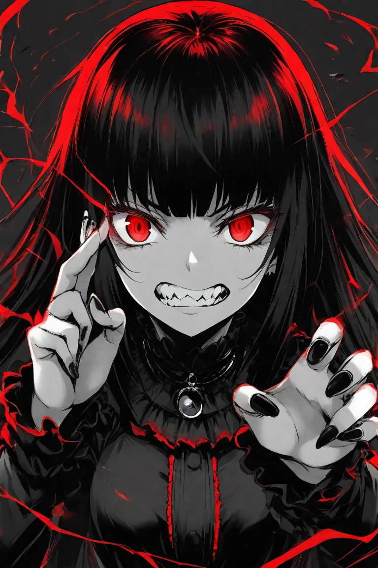 1 girl, chains, wrapped around my neck and wrists, from, enough, sawed teeth, sharp teeth, dark red black hair, smiling, black dress, evil, a high resolution, Ultra detailed, 8 K