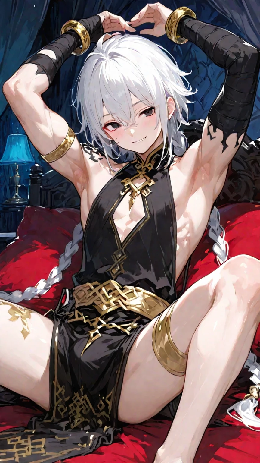 1boy, closeup crotch shot, sexy spread legs, bare chest, hands behind back, toned, sharp wolf ears, wolf tail, messy hair, blue eyes, HD, masterpiece, vibrant, serious expression, thigh highs, black micro thong, bulge, bare chest, cat box