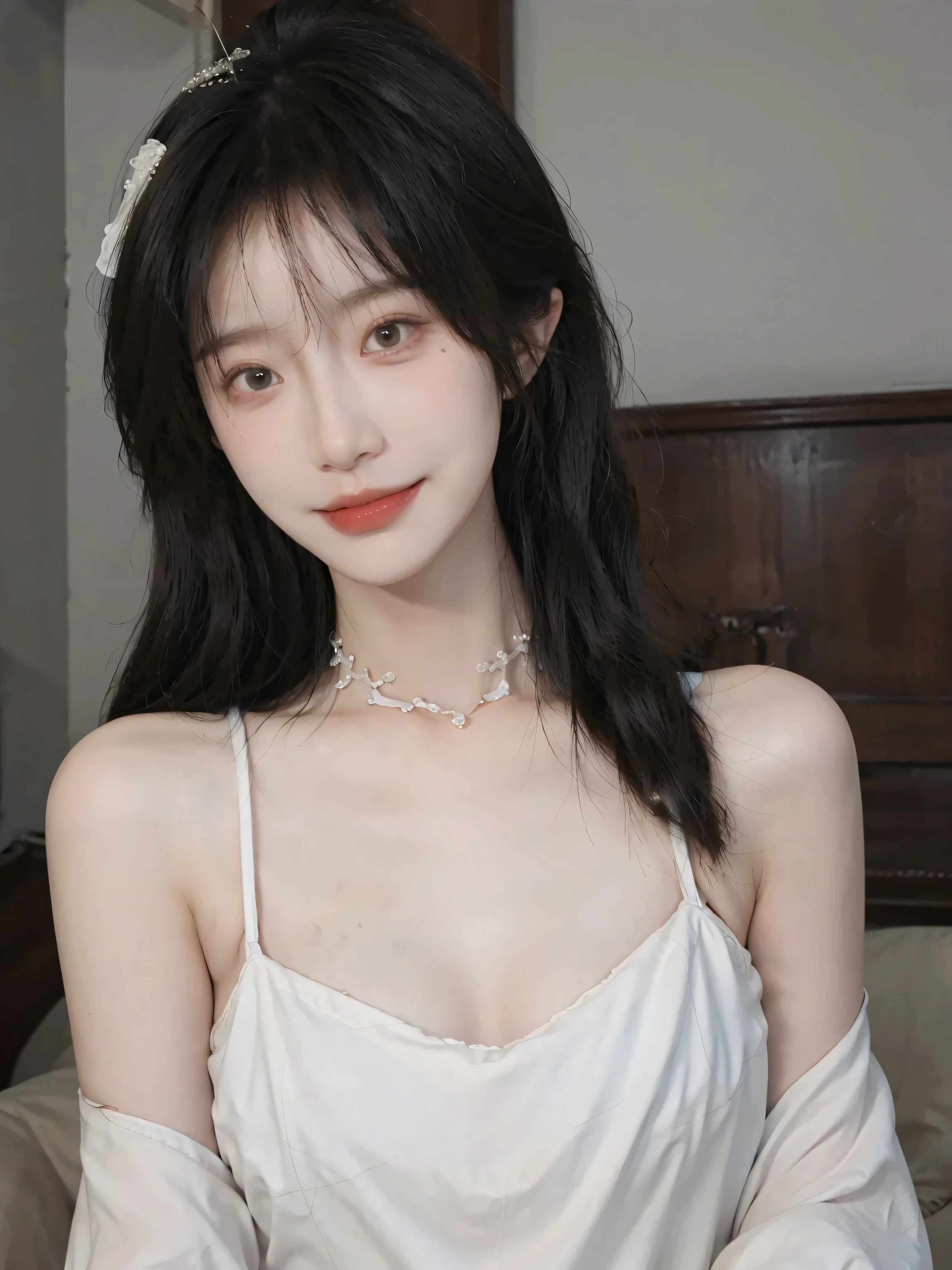 best qualtiy, 超高分辨率, (realisticlying:1.4), Baoyu Girl, A pair of clear and moving peach blossom eyes,Royal Sister,sunshine on face,with long coiled hair,(lawns:1.4),(choker necklace:1.2),(Fair skin:1.9),(full bodyesbian:1.2)a sense of atmosphere,a beauty girl, ssmile,head straight-looking at viewer, closeup cleavage ,(Photorealistic:1.4),1girll,Sexy,(Yellow lace BRA:1.2),(Big breasts:1.9),(Upper body:1.4),(Wet body),(:1.2)
