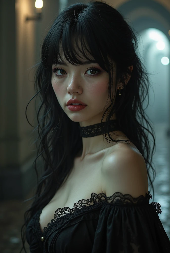 a gothic emo girl, dark intense eyes, beautiful piercing gaze, long eyelashes, extremely detailed facial features, black hair, emotive expression, sexy pose, cleavage visible, high quality, 8k, photorealistic, cinematic lighting, dark moody atmosphere, chiaroscuro lighting, dramatic shadows, dramatic color palette, rich textures, intricate details