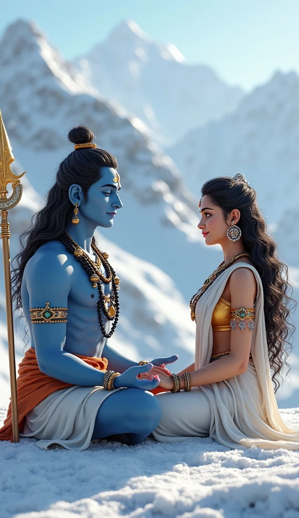 A digital artwork portraying Lord Shiva and Goddess Parvati. Lord Shiva is depicted with a calm expression, white skin, and a traditional topknot adorned with rudraksha beads. His forehead is marked with a prominent orange tilak. Beside him, Goddess Parvati is shown with white skin, adorned in elaborate golden jewelry, including large earrings and a mangtika. Both figures exude a divine aura, set against the majestic snow-capped peaks of the Himalayas. The atmosphere is serene and spiritual, capturing the essence of their divine union.