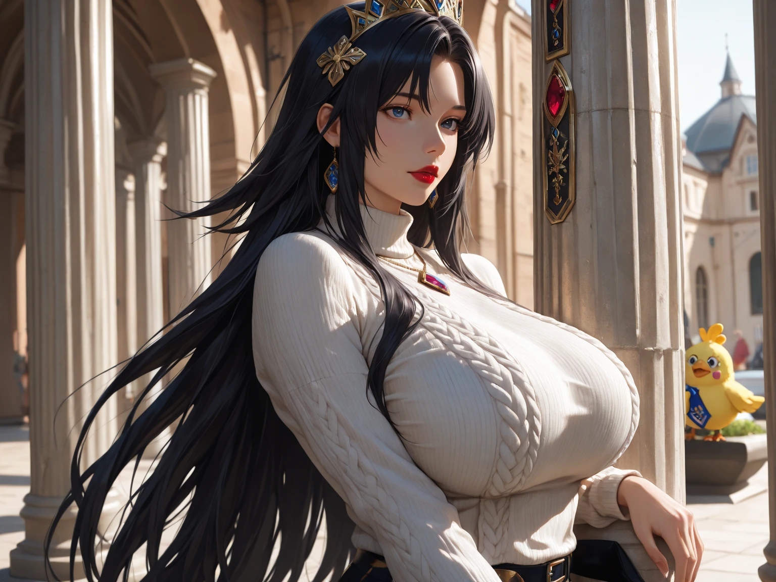 cleopatra, leather tights, village deep in mountains, fluttering hair, (long ponytail:1.2), long wavy hair, long curl hair, (huge tit:1.2), thick thighs, abdominal muscle, long eyelashes, eyeshadow, blush, gentle smile, upper body from below, hands on hip