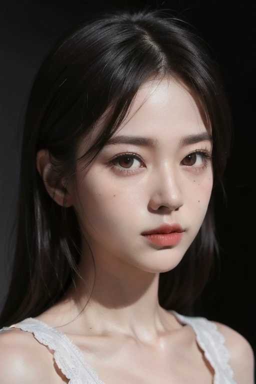(1girl:1.3), solo, __body-parts__, Kim Ji-ni Jennie face, misanthropic face, cold eyes, bare shoulders, high-end, blurred solid dark gray background, 8k resolution image, intricate symmetrical details.