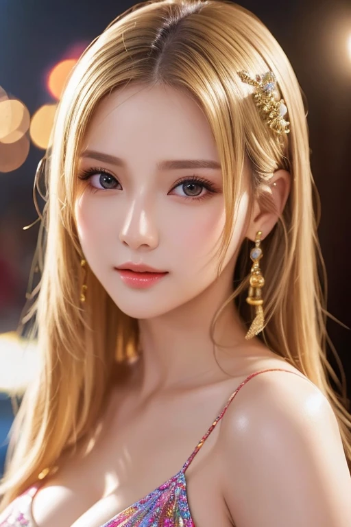 Highest Quality, Highest image quality, RAW Photos, Realistic, Photorealisitic, ultra detailed and beautiful, highest details, 1young girl, good-looking, Beautiful fair skin and luster, Beautiful eyes are big and bright, Small mouth and thin lips, slender, beautiful medium breasts:1.3, She has a cheerful personality and a cute smile......, Natural makeup, Pearl Pin Cripantasy see-through costume , Cute , beautiful girl illuminated by seven colors of light, Iridescent color,