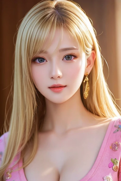 Leila、20-year-old、(Russian women)、(Cute face)、(Sexy features)、Grey Eyes、thick upper lip、Blonde medium-long hair、Large Breastodel Style