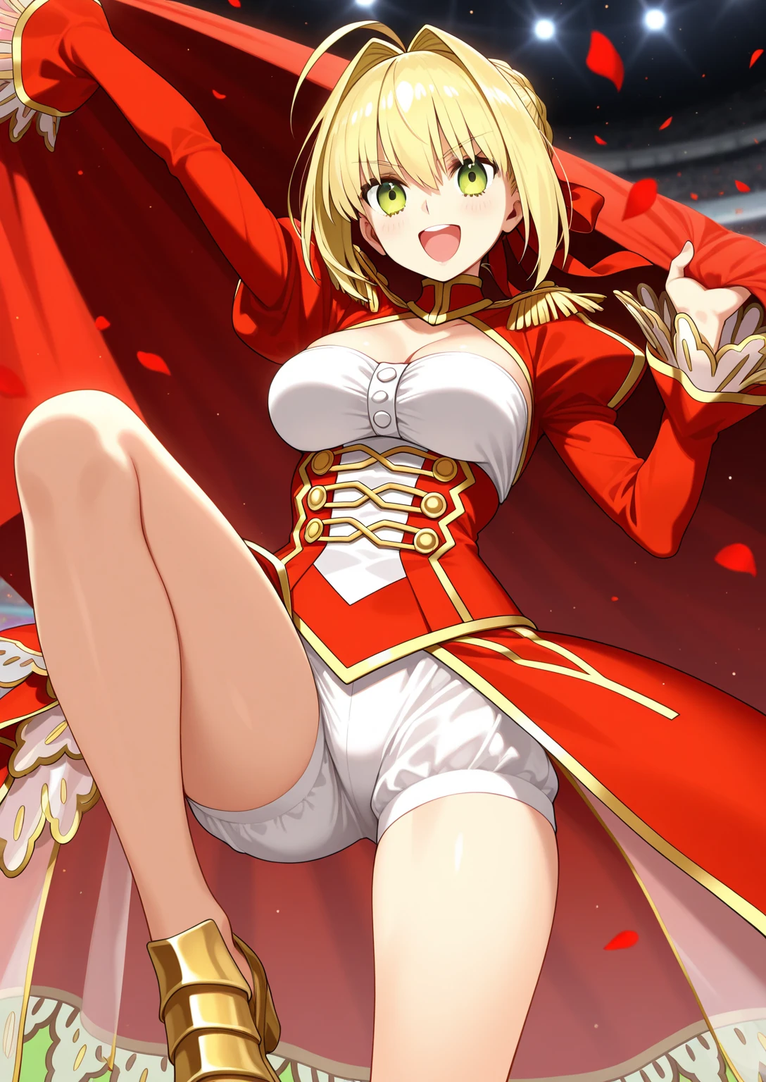 <lyco:GoodHands-beta2:1.0>,<lora:last_encore_nero:0.8>,
masterpiece,best quality,1girl,solo, fxle_anime,nero,blonde hair,large breasts,
long dress,red dress,cleavage,white bra,long sleeves,
looking at viewer,forest,from below,lift clothes,dress lift,(bare thighs,bottomless),pussy,