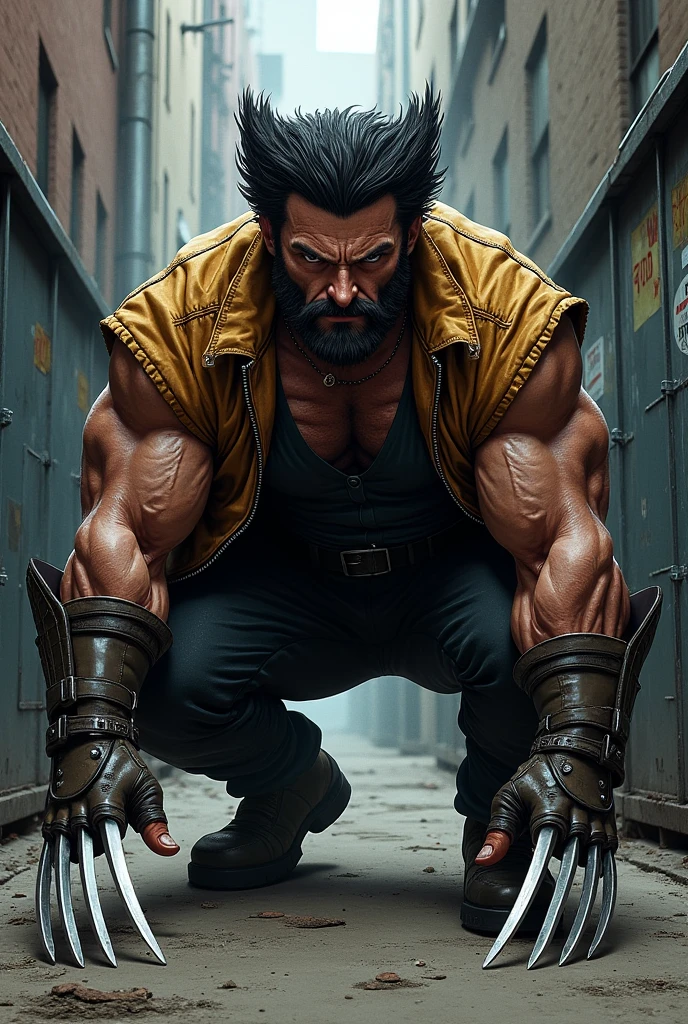 Dramatic Wolverine with very long metal claws sticking out from between fists, cinematic, extreem realistic, extreem detailed, extreem Sharp, middle close-up shot