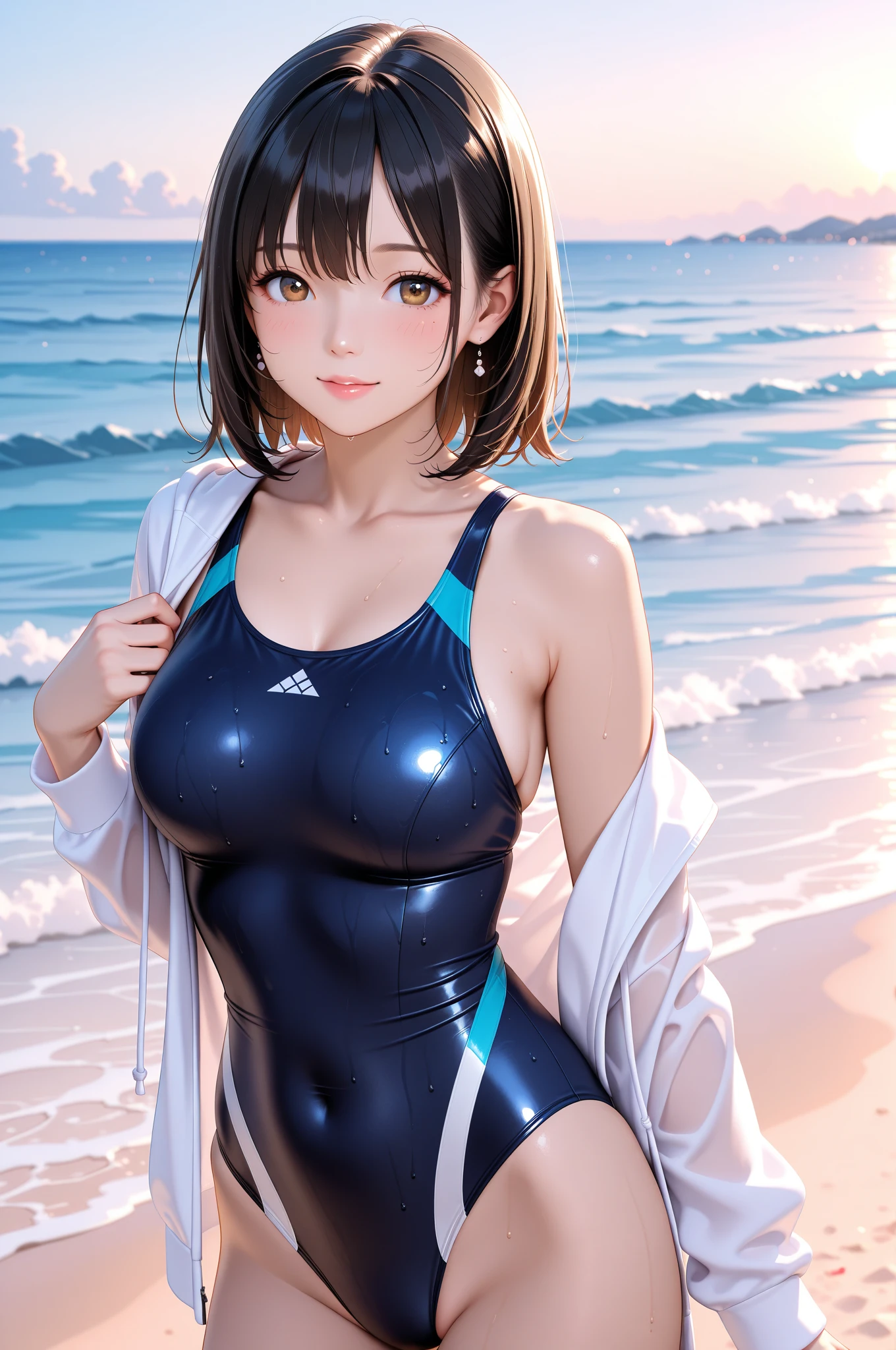 ((masterpiece,best quality,ultra detailed,high resolution)),(daytime,clear weather,professional lighting),looking viewer,((solo,beautiful-girl)),(black hair,straight hair),(beautiful detailed face,beautiful detailed eyes),(finely detailed skin,fair skin),slender,light smile,(competition swimsuits,impossible clothes),(on the beautiful lake,beautiful sky),((cowboy shot)),(medium breast,perky breast,medium hip),((cameltoe)),