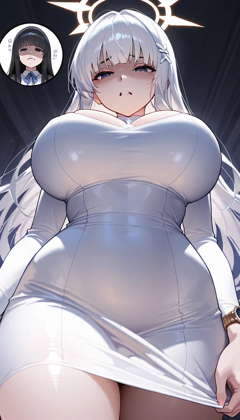 (disproportionate breasts, beautiful breasts, sagging breasts, heavy breasts, slender waist, gigantic thighs, tight-fitting sweater dress, lace-trimmed pantyhose:1.5), (colored inner hair, on the bed:1.4), (best quality, unity 8k wallpaper, official art:1.3), (ultra detailed, an extremely delicate and beautiful, perfect anatomy, close to viewer, two arms, five fingers:1.2), (illustration, caustics, super detailed skin, glossy hair, high detailed attire, detailed background, wind, vapours_around_the_girl, breast focus:1.1), dynamic lighting, beautiful detailed eyes, anime colored, gleaming skin, 1girl, solo, charming wife, absurdly long hair, facing at viewer, seductive smile, open mouth, hidden hands, ,breasts, gigantic breasts, huge breasts ,large breasts