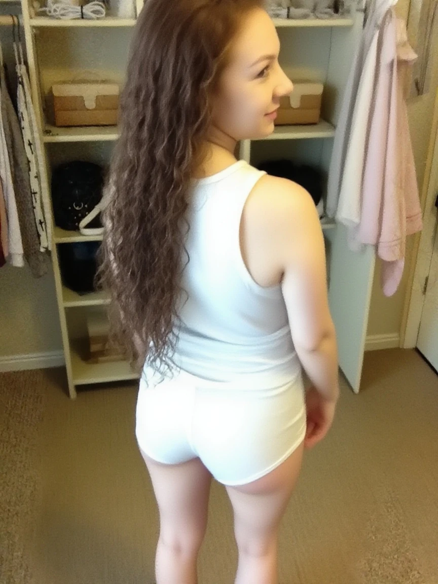 a sexy white 20 year old girl with long brown hait wearing a white bra and white underwear showing her big butt (from back) (full body) (she inside) (Big breast) (feels sexy) (hand on butt)
