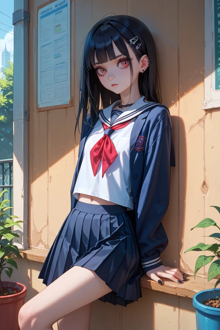 (A woman hiding in the shadows), (((Round face, Droopy eyes))), transformation, ((navy sailor suit, Pleated skirt, Sailor scarf, White Sox, loafers)), (((Be incontinent, Pee, Humiliated))), (((股間から滴るPee))), Embarrassing, Outdoor,