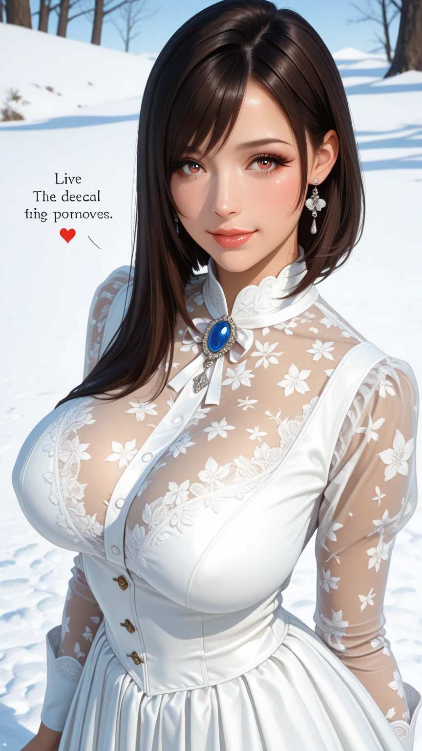 Best quality, Masterpiece, A high resolution, 1girll, (：1.6)，(Expose gigantic breasts),, hair adornments, Smile, Closed mouth,Lips, hair adornments, necklace, jewelry, Long hair, Earrings, Detailed beautiful eyes,detailed eyelash, Beautiful face,after sexing_nakeness, Tyndall effect,Photorealistic, rim lit, twotonelighting,(highdetailskin:1.2), 8K, Ultra HD, Digital SLR, Soft lighting, High quality, voluminetric lighting, candid, photographed, high resolution, 4K, 8K, of a real, on the garden, Falling snow, winter