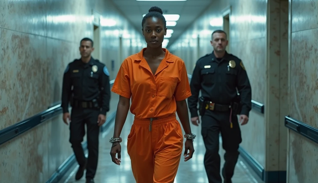 (photorealism:1.2), a tall 50 year old white female prison guard in police uniform fumbling the bare breast of a shorter 20 year old topless female black prisoner in orange prison jumpsuit, many female prisoners watching in background, prison setting, high detail, UHD, 4K