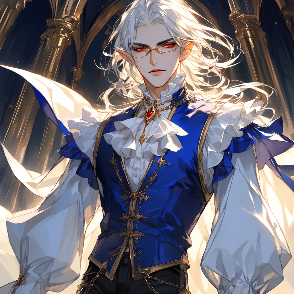 safe_pos, score_9, score_8_up, score_7_up, score_6_up, 1boy, solo, standing, flat chest, indoors, mansion background, curvyfemb0y, male face, male focus, bulge, neuvillette \(Genshin Impact\), bulge, long hair, blue hair, white hair, multicolored hair, hair between eyes, pointy ears, hair ornament, white ascot, black gloves, black pants, formal, long sleeves, gentle expression, dynamic pose, gentle eyes, blurry background, particles