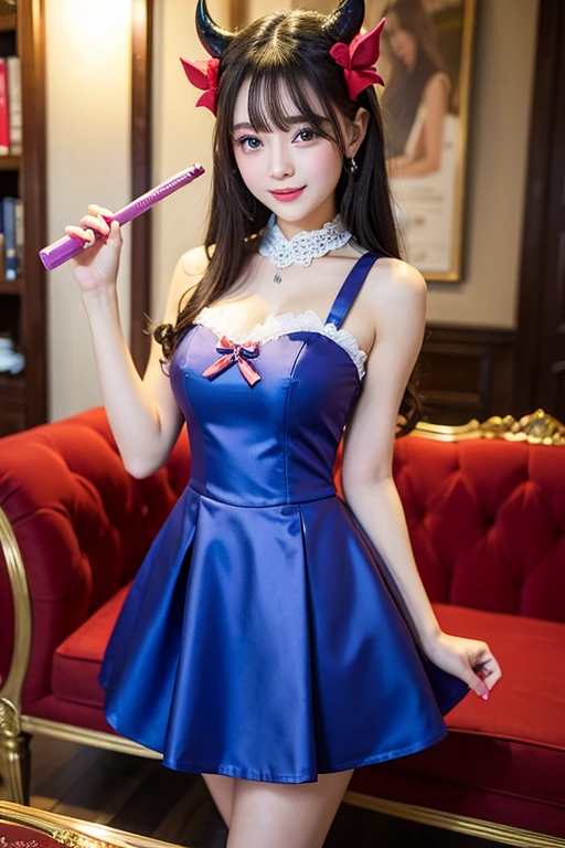 masterpiece, reality, 4k, (medium full shot) of (magnetic harlot) young woman, japanese, fair skin, light brown eyes, lithe build, extra long hazel bun hair, wearing a royal blue asymmetric dress with bold prints, fishnet stockings, high-heeled pumps, bracelet with charms, heavy mascara, lace gloves, set in  costume party, guests dressed in elaborate and creative outfits, a sense of fun and whimsy, decorations matching the theme, laughter and playful interactions, a vibrant and festive atmosphere, at night, woman smiling