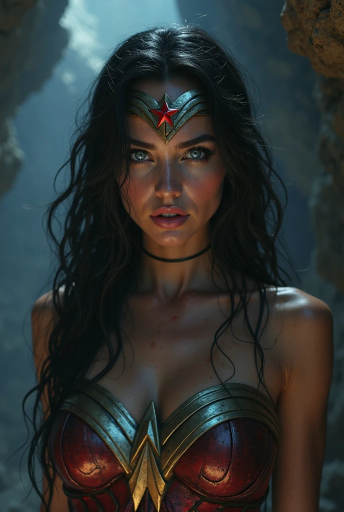 scene from the film, DC Wonder Woman Close-Up, Distorted Space, Distorted undead in the background, lens flares, light axes, details Intricate, highy detailed, volumetric lighting, 4k rendering, photoshot, hyperrealisti, lifelike textures, dramatic lighting, engine unreal