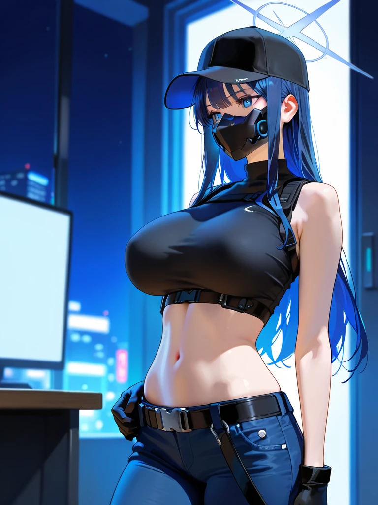 saorijoumae, <lora:saorijoumae-lora-nochekaiser:1>,
saori joumae, blue eyes, blue hair, halo, long hair, mask, mouth mask,
BREAK bare arms, bare shoulders, belt, black headwear, black pants, black shirt, blue gloves, crop top, gloves, leggings, midriff, navel, pants, shirt, sleeveless, sleeveless shirt,
BREAK looking at viewer,
BREAK indoors,
BREAK <lyco:GoodHands-beta2:1>, (masterpiece:1.2), best quality, high resolution, unity 8k wallpaper, (illustration:0.8), (beautiful detailed eyes:1.6), extremely detailed face, perfect lighting, extremely detailed CG, (perfect hands, perfect anatomy),