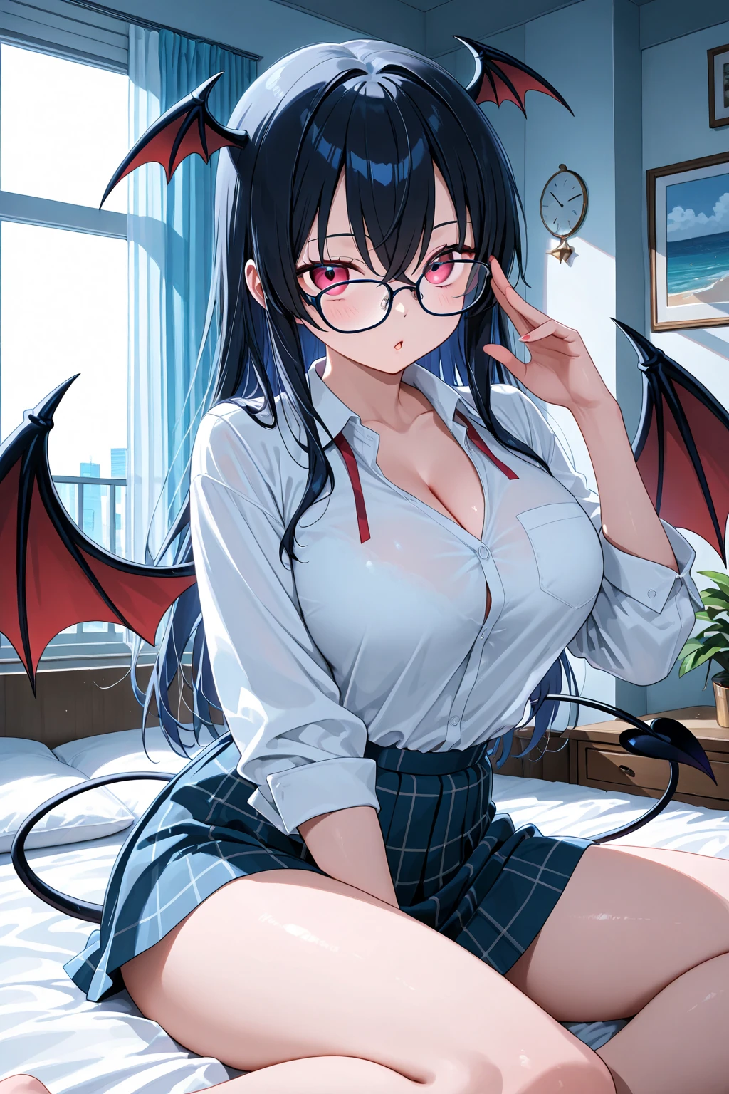 ((Black hair)),((Curled Shorthair)),((pale pink eyes)),(bishop sleeve long sleeve clothing),(((Black and white long sleeve top with allover polka dots))),(red belt band),(((Long skirt made of soft denim material))),((Feeling of fatigue and weakness)),((Perspective from above)),Slight red tide,(Vampires),((long fangs)),(Kamimei),(((close up of face))),((NSFW)),((Cleavage that looks modest)),((Wearing glasses)),(Full moon night sky with bats flying),Smile on his face,
