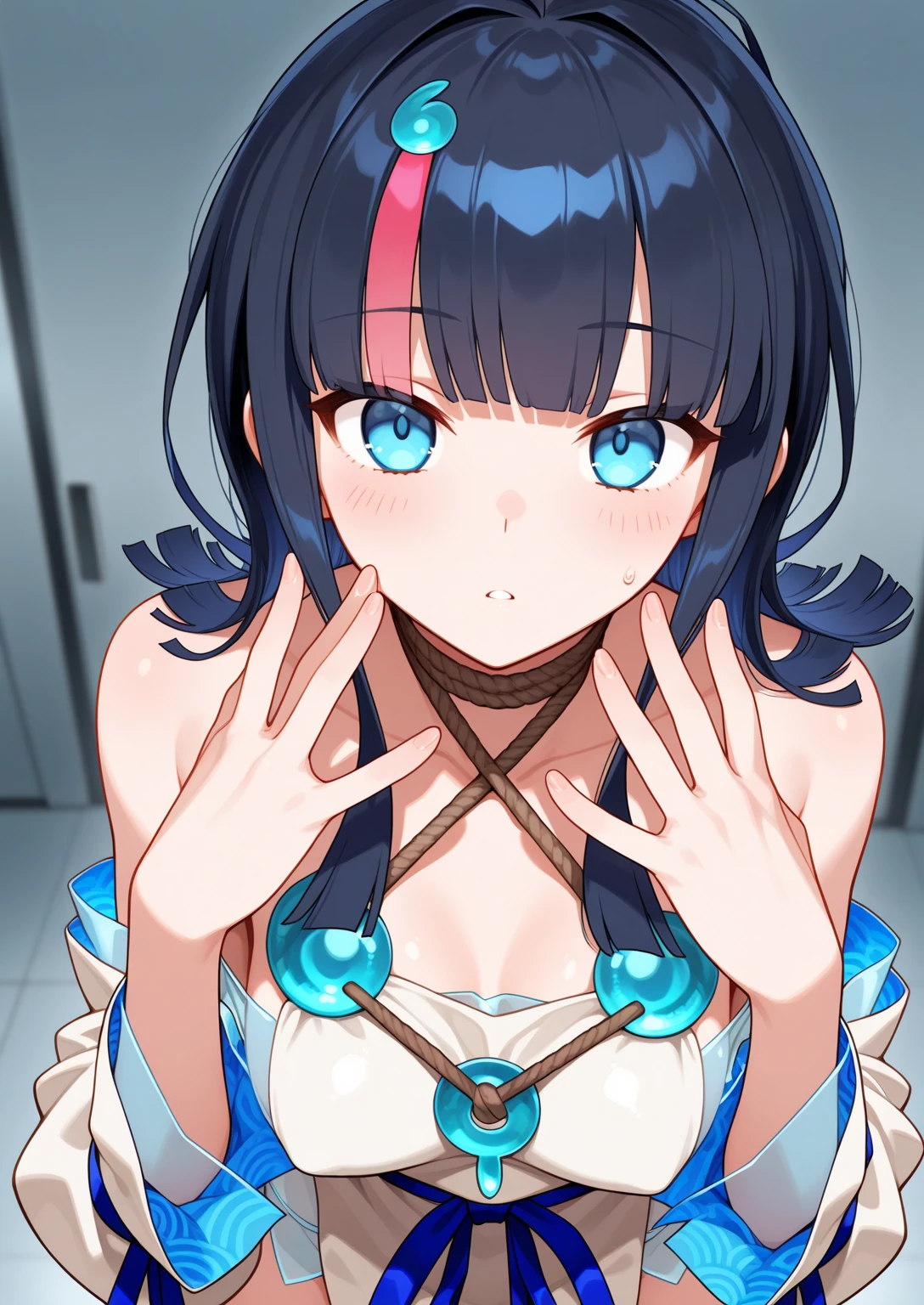 In underwear、Blue bra、Pink stripes々Panties、Panties in full view、In underwear、 1girl,   utsumiericeFA,long sleeves, bare shoulders, jewelry, puffy sleeves, necklace,, streaked hair,  blue ribbon, puffy long sleeves,magatama,