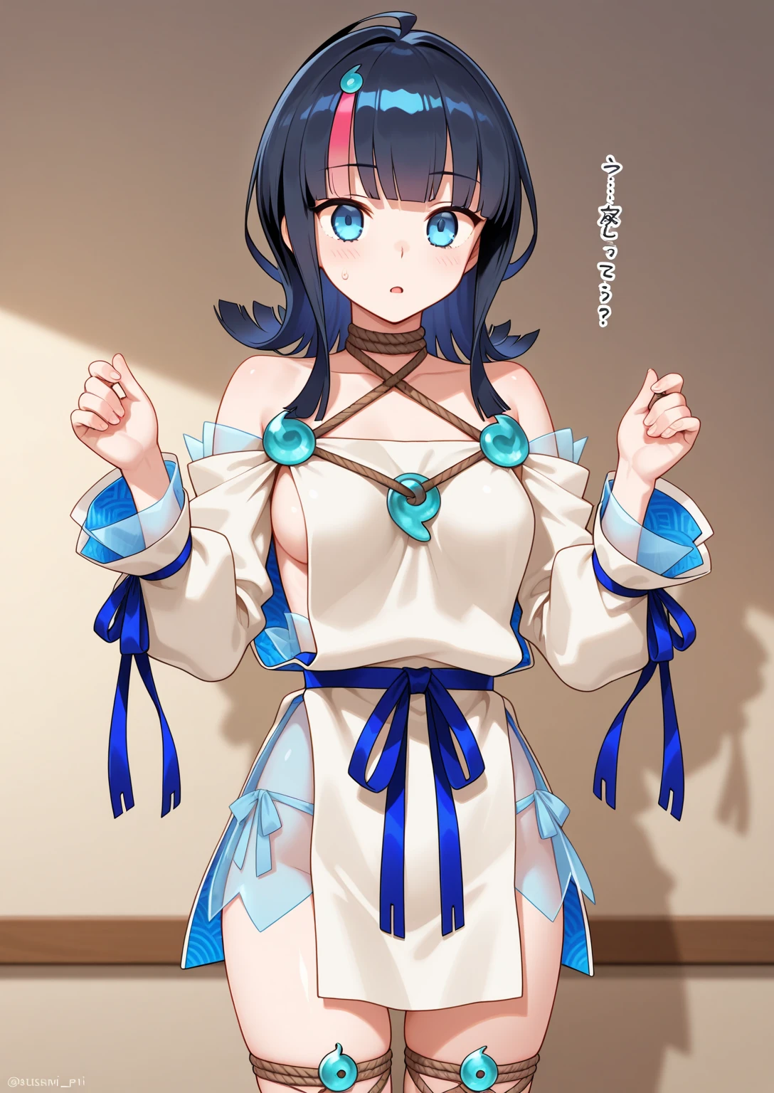 碧いブラジャー、Blue Panties、Panties in full view、In underwear、(masterpiece, best quality), 1girl,   utsumiericeFA,long sleeves, bare shoulders, jewelry, puffy sleeves, necklace,, streaked hair,  blue ribbon, puffy long sleeves,magatama,