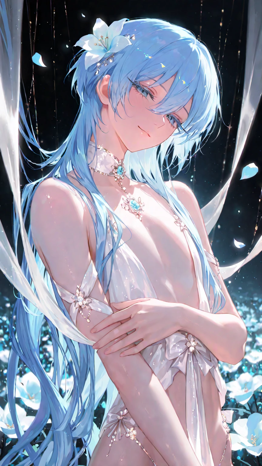 (masterpiece, top quality, best quality,watercolor )(medium),official art, beautiful and aesthetic:1.2),(1girl:1.3), (fractal art:1.3),upper body, from side, looking at viewer,patterns,(rainbow color Hair,colorful hair,half blue and half pink hair:1.2),water,liquid, cloud,colorful, starry,stars,close-up, big eyes, eyes, complex eyes, unique pupils, unusual pupils,starry sky, stars in the background, shining halo,((ultra detail retina:1.5)),embarassed, (midriff),((ultra detail eyes:1.5)),((extremely detailed CG unity 8k wallpaper,masterpiece, best quality)), ((ultra-detailed:1.5)),(best illumination, best shadow, an extremely delicate and beautiful),(extremely detailed CG unity 8k wallpaper,masterpiece, best quality, ultra-detailed),(best illumination, best shadow, an extremely delicate and beautiful),(perfect body: 1.5),(masterpiece), stunningly surreal, abstract imagination, dynamic movement, digital art, otherworldly, a burst of color, explosive energy, chaotic beauty, (1 figure - ambiguous gender), (hair flowing:1.2, hair glowing), (body distorted:1.5, body fragmented), (face obscured:1.2, half hidden), (background: broken, shattered, fractured), (light: flickering, pulsating, radiating).