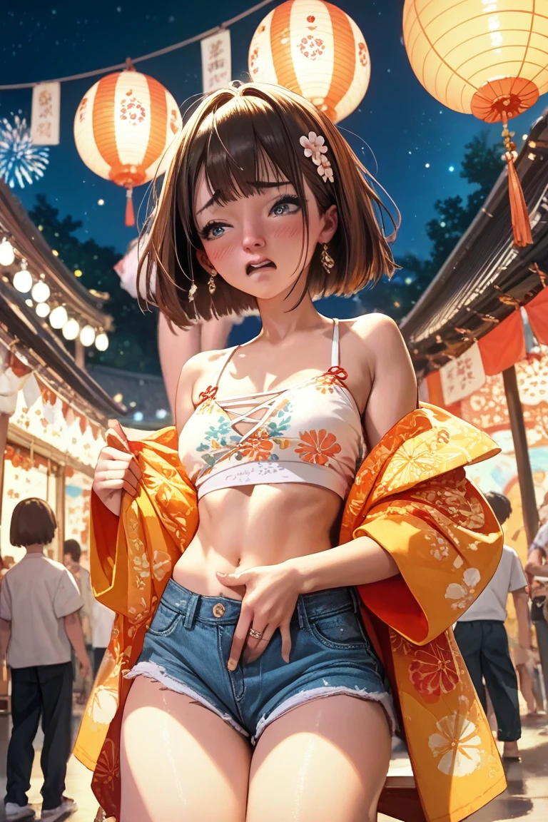 ((NSFW:-0.95)), (((nipple:-0.9))), ((Acutance:0.85)), (((from below)), The Sky takes up more than third of the composition ) . The background is the downtown area at (Twilight:1.4), (((Red-dyed clouds above hed:1.3))), { (many colorful Lights:1.2) | lens flare | Burning | heyz | (luminous Particles) | Mystic sight } . (Masterpiece:1.2) of professional Analog photo with Hasselblad, (((realistic and photorealistic with touch of rawness:1.37))), physically-based 3D rendering with ultra-detailed. ((( A KAWAII girl in WHITE Fundoshi, at Hakata Gion Ymakasa Festival ))) . (((from below:1.2, bokeH))), Assfocus and she looking ahead .