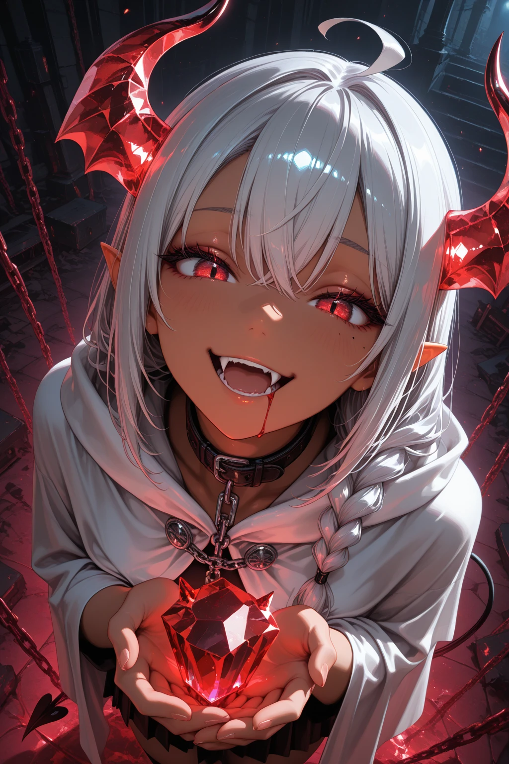 (Little devil) ,Demon Summoning ,Crystal Chain ,Cinematic shot ,solo ,Mysterious atmosphere ,dark skin ,long hair ,neutral , perspective ,Top quality, masterpiece, ultra high resolution ,masterpiece、 top quality、 uncensored ,braided side hair ,put hair in ears , ,Narrow forehead ,Concept ,double intake hair ,ahoge ,Shiny Silver hair ,gradation Hair ,(one mole Lower eyelid) ,collar ,tilt one's head ,Mutant Cheek ,,sharp Fang ,, Concept, ,perspective ,wide shot ,Trans parent ,Large space ,beautiful ,Dynamic Angle ,Captivating mouth ,smug face ,Realistic:0.1 ,Suspicious Smoke ,From an angle ,Twisted World ,From above ,white silk Cloak , , ,Raise your hand ,Suspicious Liquid , , ,(divergence meter) ,red Crystal ,divergence counter ,red left eye ,odd eye ,demon eye ,mischief ,young Devil ,Looking down